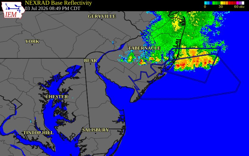 NEXRAD radar during the Friday, July 3, 2026 storm activity in Cumberland County, New Jersey