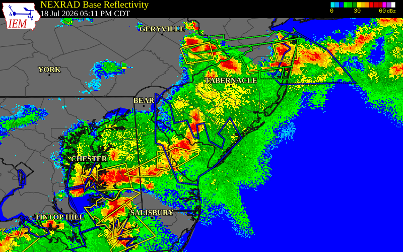 NEXRAD radar during the Saturday, July 18, 2026 storm activity in Cumberland County, New Jersey