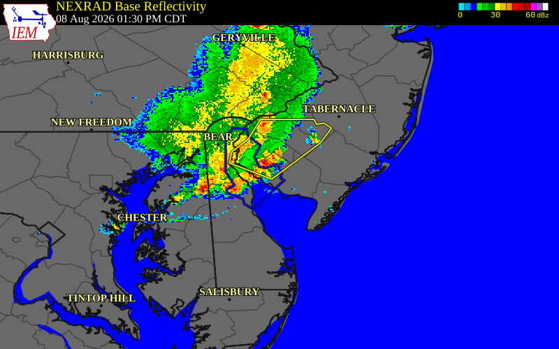 NEXRAD radar during the Saturday, August 8, 2026 storm activity in Cumberland County, New Jersey