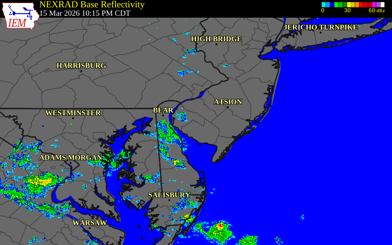 Radar snapshot during the Mar 15, 2026 wind event near 2 ENE Upper Deerfield T, Cumberland County, New Jersey, with NWS warning polygons