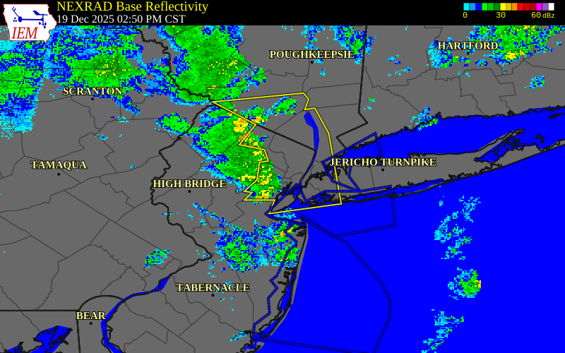 NEXRAD radar during the Friday, December 19, 2025 storm activity in Essex County, New Jersey