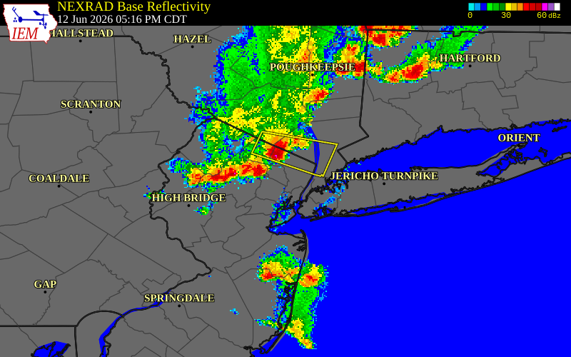 NEXRAD radar during the Friday, June 12, 2026 storm activity in Essex County, New Jersey