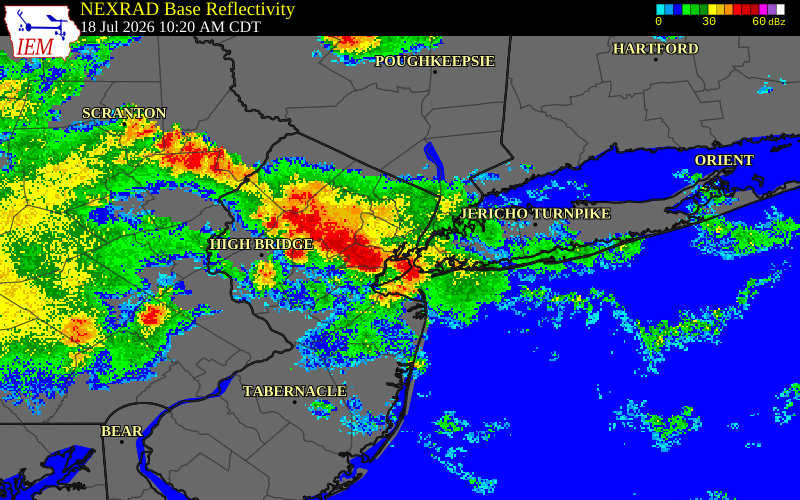 NEXRAD radar during the Saturday, July 18, 2026 storm activity in Essex County, New Jersey