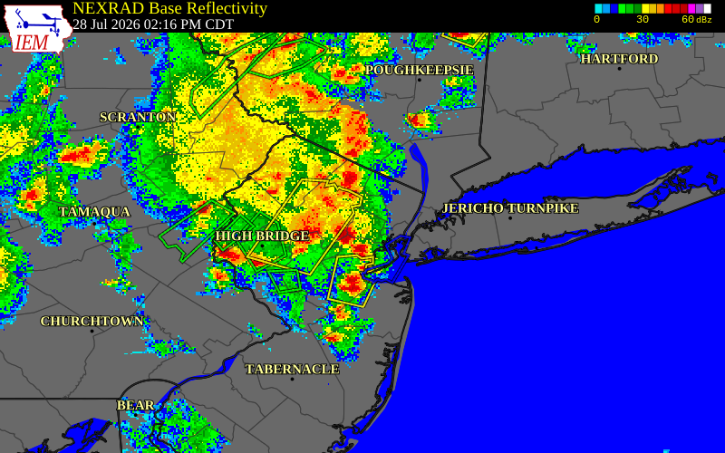 NEXRAD radar during the Tuesday, July 28, 2026 storm activity in Essex County, New Jersey