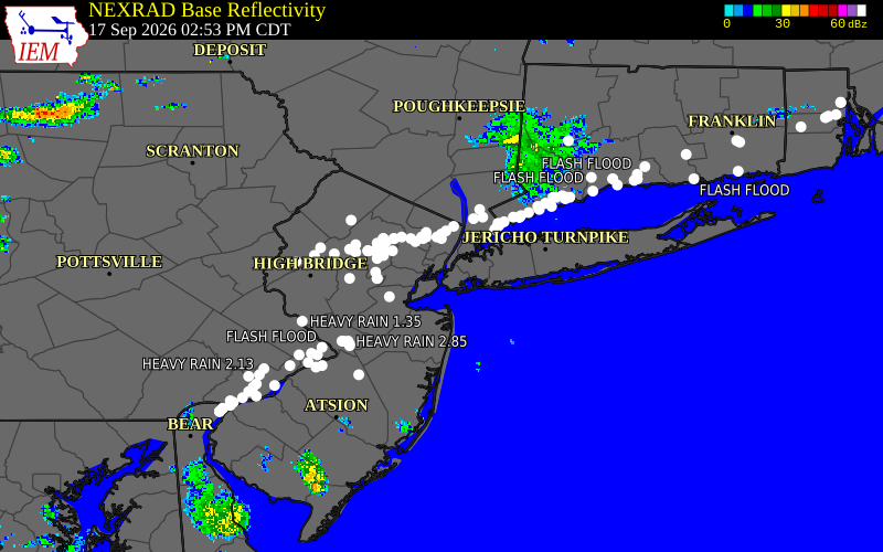 Current NEXRAD radar over Essex County, New Jersey with recent storm report locations