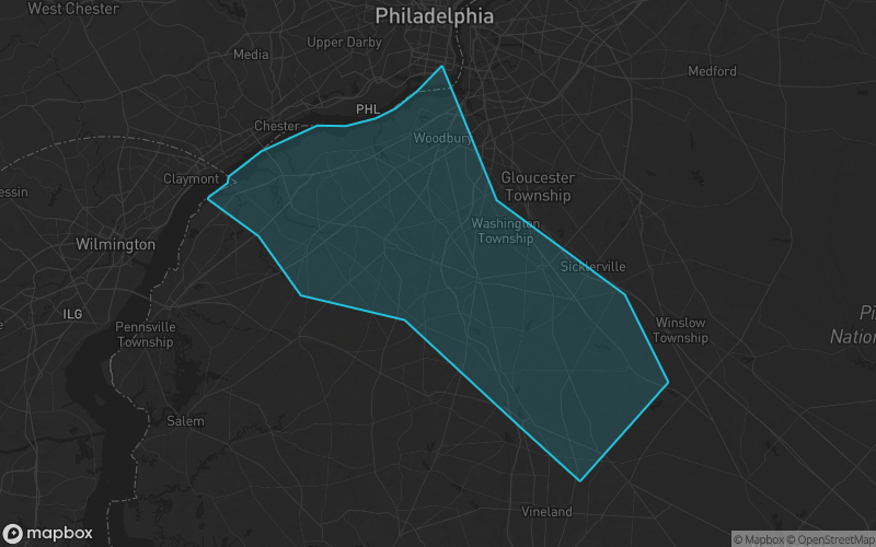 Map of Gloucester County, New Jersey showing the county boundary and surrounding cities