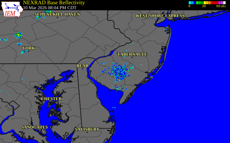 NEXRAD radar during the Tuesday, March 10, 2026 storm activity in Gloucester County, New Jersey