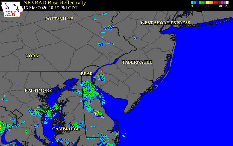 NEXRAD radar during the Sunday, March 15, 2026 storm activity in Gloucester County, New Jersey