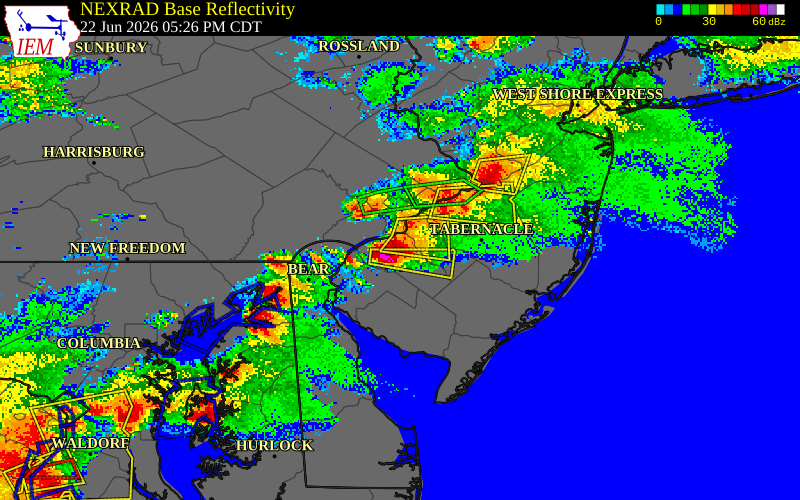 NEXRAD radar during the Monday, June 22, 2026 storm activity in Gloucester County, New Jersey