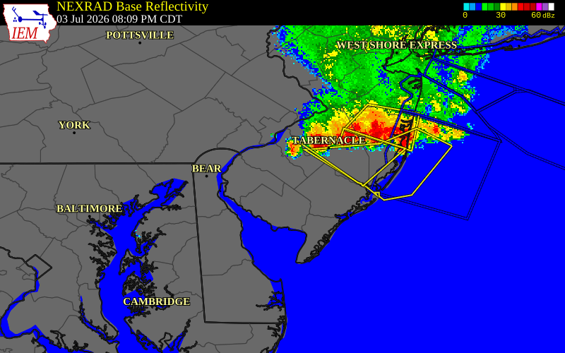 NEXRAD radar during the Friday, July 3, 2026 storm activity in Gloucester County, New Jersey