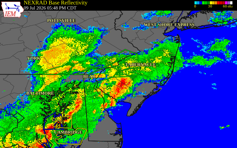 NEXRAD radar during the Thursday, July 9, 2026 storm activity in Gloucester County, New Jersey