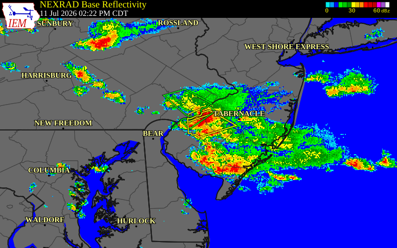 NEXRAD radar during the Saturday, July 11, 2026 storm activity in Gloucester County, New Jersey