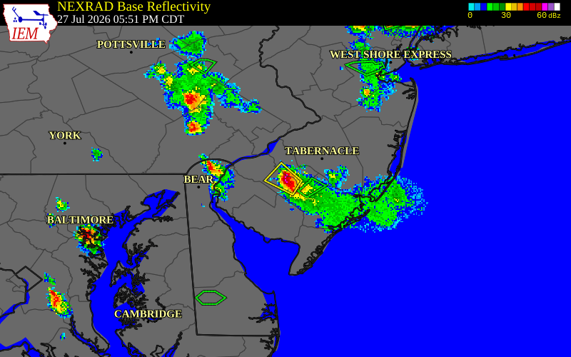 NEXRAD radar during the Monday, July 27, 2026 storm activity in Gloucester County, New Jersey