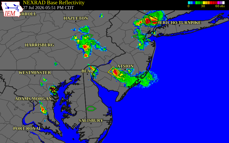 Radar snapshot during the Jul 27, 2026 hail event near Williamstown, Gloucester County, New Jersey, with NWS warning polygons