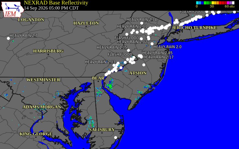 Current NEXRAD radar over Gloucester County, New Jersey with recent storm report locations