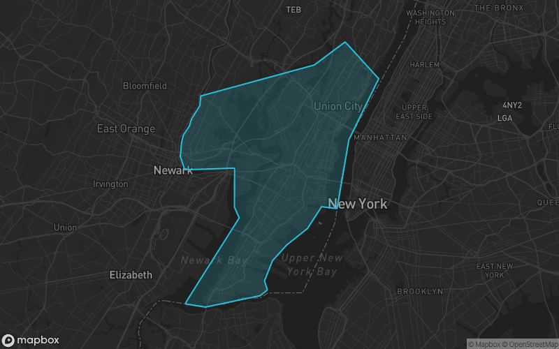 Map of Hudson County, New Jersey showing the county boundary and surrounding cities