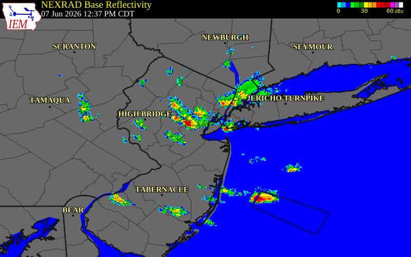 NEXRAD radar during the Sunday, June 7, 2026 storm activity in Hudson County, New Jersey