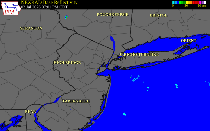 NEXRAD radar during the Thursday, July 2, 2026 storm activity in Hudson County, New Jersey