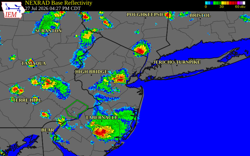 NEXRAD radar during the Monday, July 27, 2026 storm activity in Hudson County, New Jersey