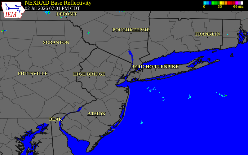 Radar snapshot during the Jul 2, 2026 wind event near 1 ENE Bayonne, Hudson County, New Jersey, with NWS warning polygons