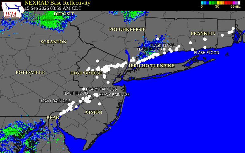 Current NEXRAD radar over Hudson County, New Jersey with recent storm report locations