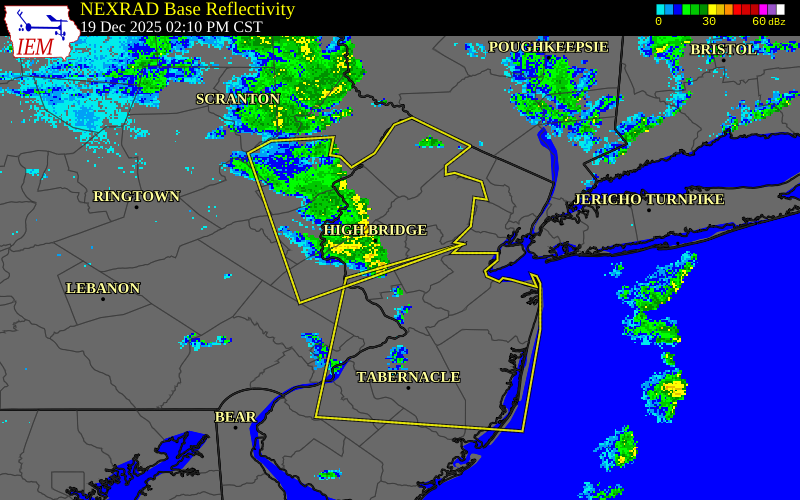 NEXRAD radar during the Friday, December 19, 2025 storm activity in Hunterdon County, New Jersey