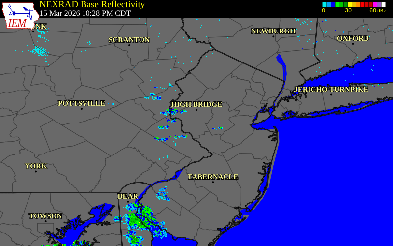 NEXRAD radar during the Sunday, March 15, 2026 storm activity in Hunterdon County, New Jersey