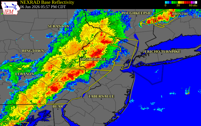 NEXRAD radar during the Saturday, June 6, 2026 storm activity in Hunterdon County, New Jersey