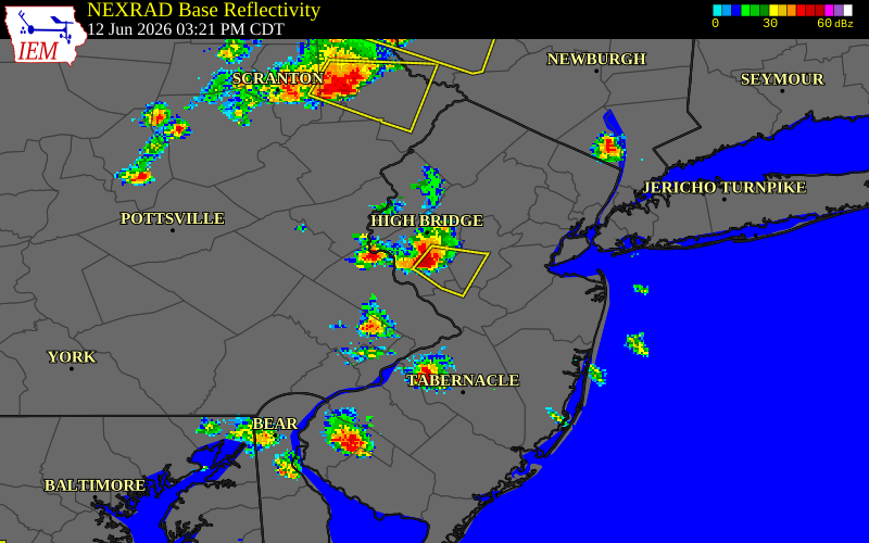 NEXRAD radar during the Friday, June 12, 2026 storm activity in Hunterdon County, New Jersey