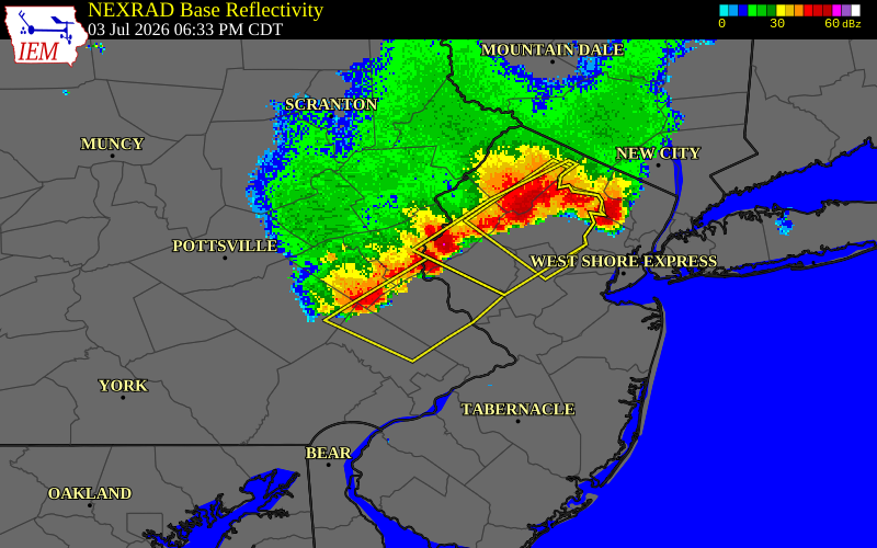 NEXRAD radar during the Friday, July 3, 2026 storm activity in Hunterdon County, New Jersey