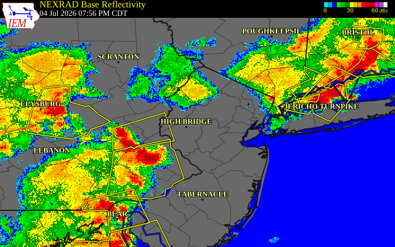 NEXRAD radar during the Saturday, July 4, 2026 storm activity in Hunterdon County, New Jersey