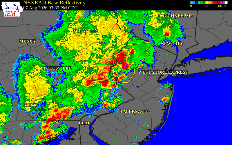 NEXRAD radar during the Friday, August 7, 2026 storm activity in Hunterdon County, New Jersey