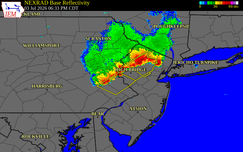 Radar snapshot during the Jul 3, 2026 wind event near Holland Twp, Hunterdon County, New Jersey, with NWS warning polygons