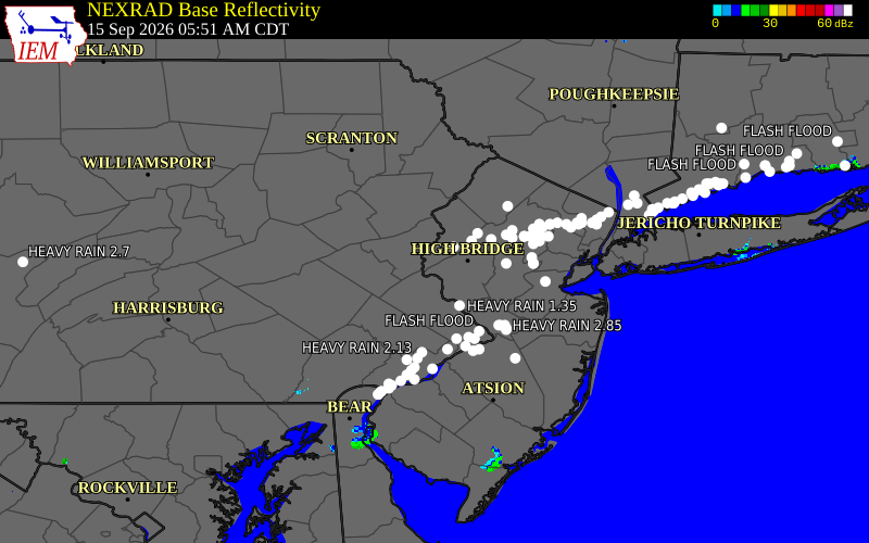 Current NEXRAD radar over Hunterdon County, New Jersey with recent storm report locations