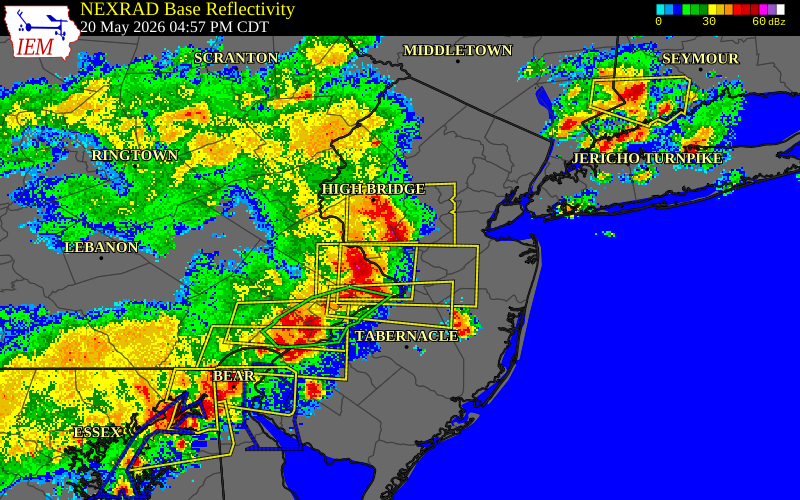 NEXRAD radar during the Wednesday, May 20, 2026 storm activity in Mercer County, New Jersey