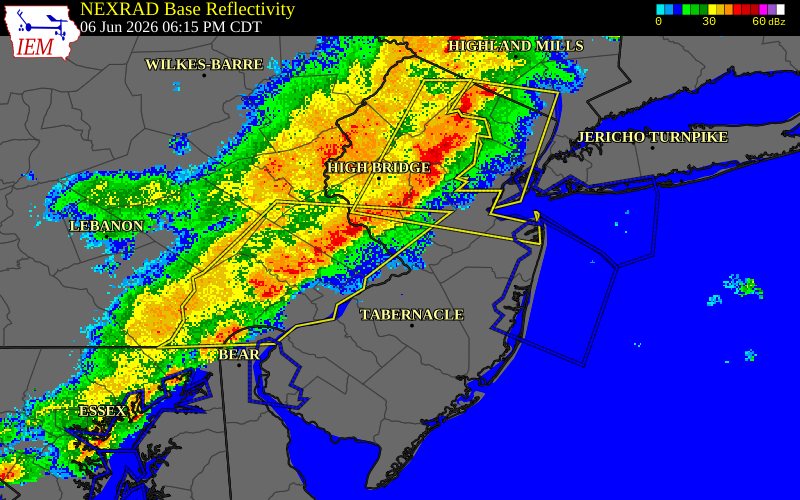NEXRAD radar during the Saturday, June 6, 2026 storm activity in Mercer County, New Jersey