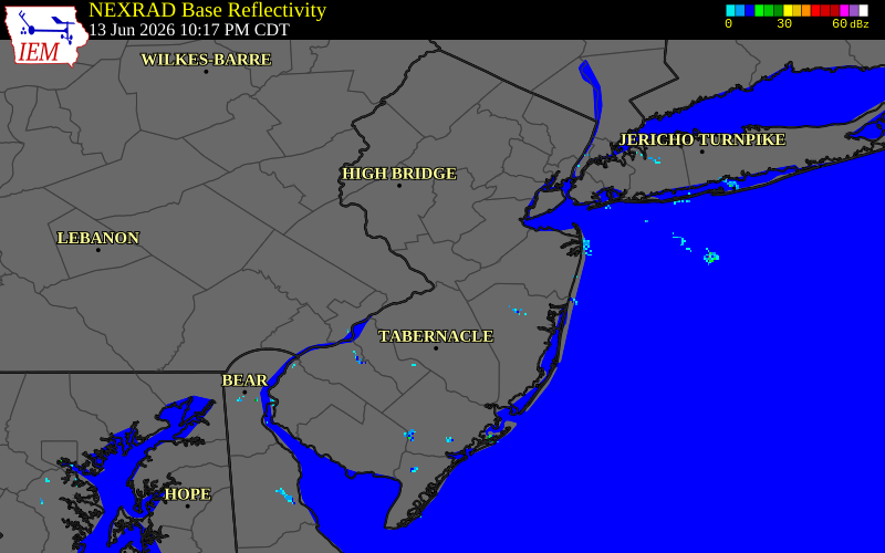 NEXRAD radar during the Saturday, June 13, 2026 storm activity in Mercer County, New Jersey