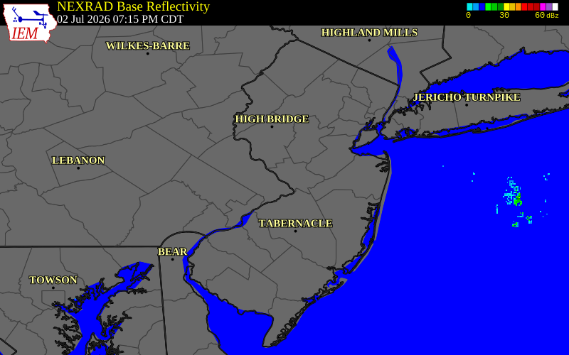 NEXRAD radar during the Thursday, July 2, 2026 storm activity in Mercer County, New Jersey