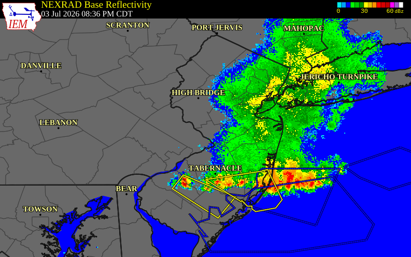 NEXRAD radar during the Friday, July 3, 2026 storm activity in Mercer County, New Jersey