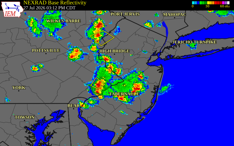 NEXRAD radar during the Monday, July 27, 2026 storm activity in Mercer County, New Jersey