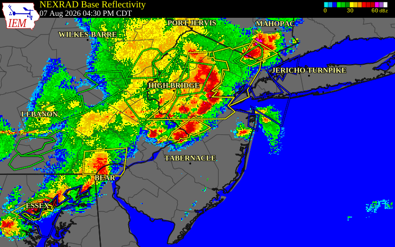 NEXRAD radar during the Friday, August 7, 2026 storm activity in Mercer County, New Jersey