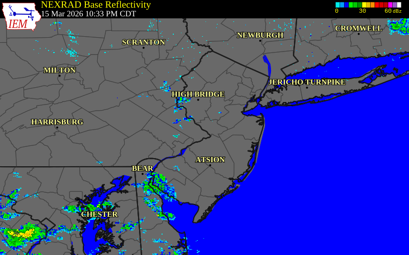 Radar snapshot during the Mar 15, 2026 wind event near Trenton Mercer Airport, Mercer County, New Jersey, with NWS warning polygons