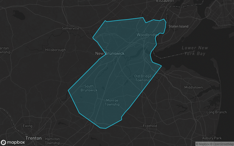 Map of Middlesex County, New Jersey showing the county boundary and surrounding cities