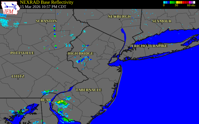 NEXRAD radar during the Sunday, March 15, 2026 storm activity in Middlesex County, New Jersey