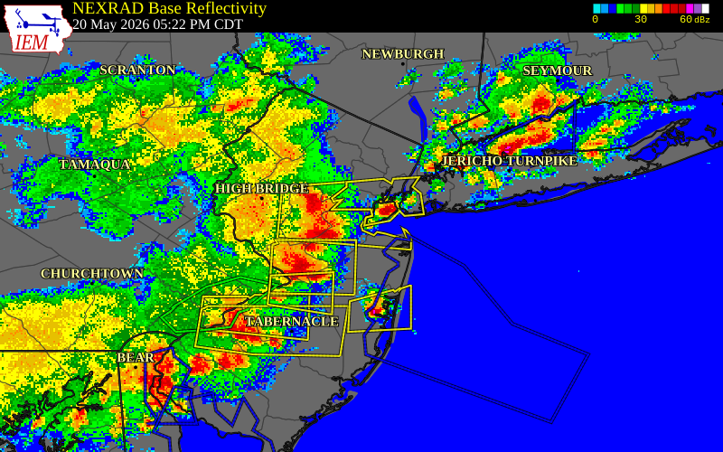 NEXRAD radar during the Wednesday, May 20, 2026 storm activity in Middlesex County, New Jersey