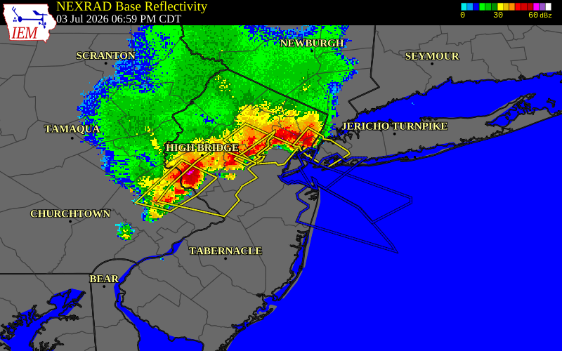NEXRAD radar during the Friday, July 3, 2026 storm activity in Middlesex County, New Jersey
