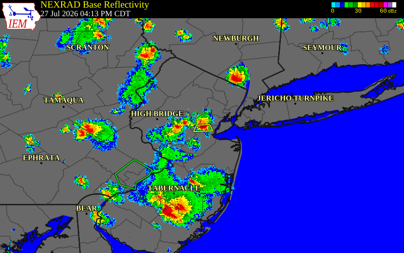 NEXRAD radar during the Monday, July 27, 2026 storm activity in Middlesex County, New Jersey