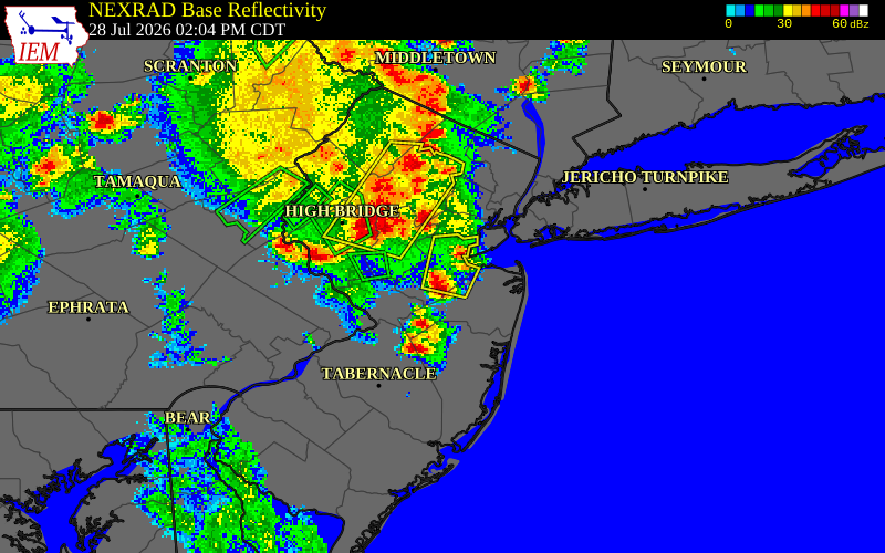 NEXRAD radar during the Tuesday, July 28, 2026 storm activity in Middlesex County, New Jersey