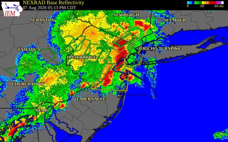 NEXRAD radar during the Friday, August 7, 2026 storm activity in Middlesex County, New Jersey