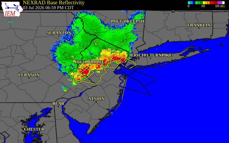 Radar snapshot during the Jul 3, 2026 wind event near Perth Amboy, Middlesex County, New Jersey, with NWS warning polygons